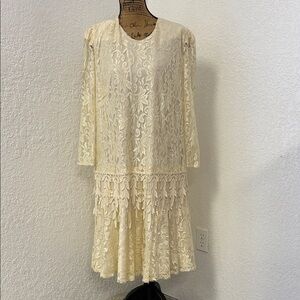 Vintage David Rose Chic Cream Lace Long Sleeve Dress Drop Waist
